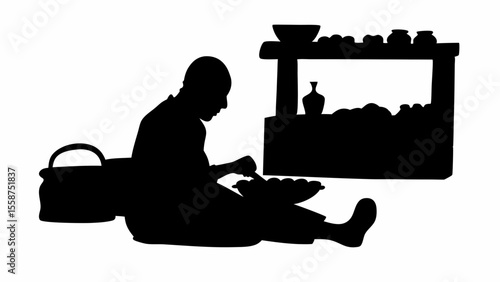 Silhouette of a street vendor sitting and preparing food next to a display stand with items on it