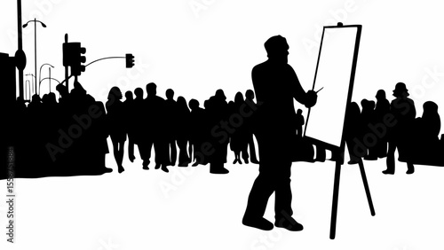 Silhouette of artist painting on canvas in front of a crowd on a city street with traffic lights near
