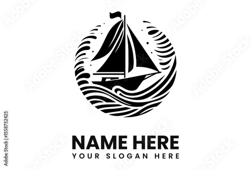 A stylized black and white sailboat sailing within a circular wave design.