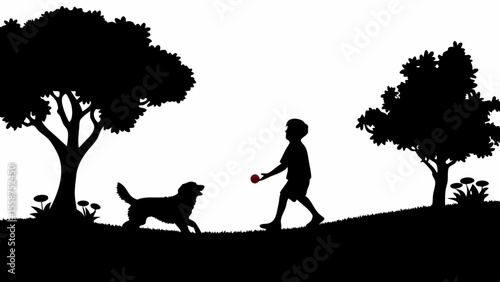 Silhouette of a boy playing ball with a dog in a park with trees on a sunny day with grass and flowers