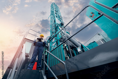 Принти на полотні Industry operator use computer tablet for control rig platform for drilling well