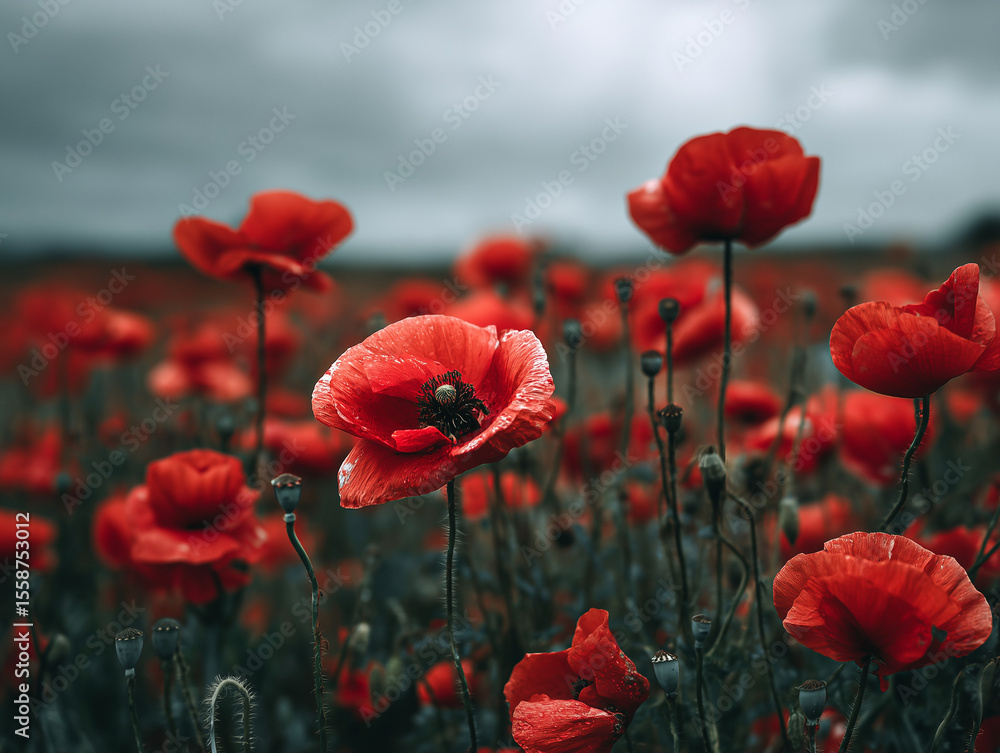 Obraz premium Field of Red Poppies in Full Bloom Under a Cloudy Sky