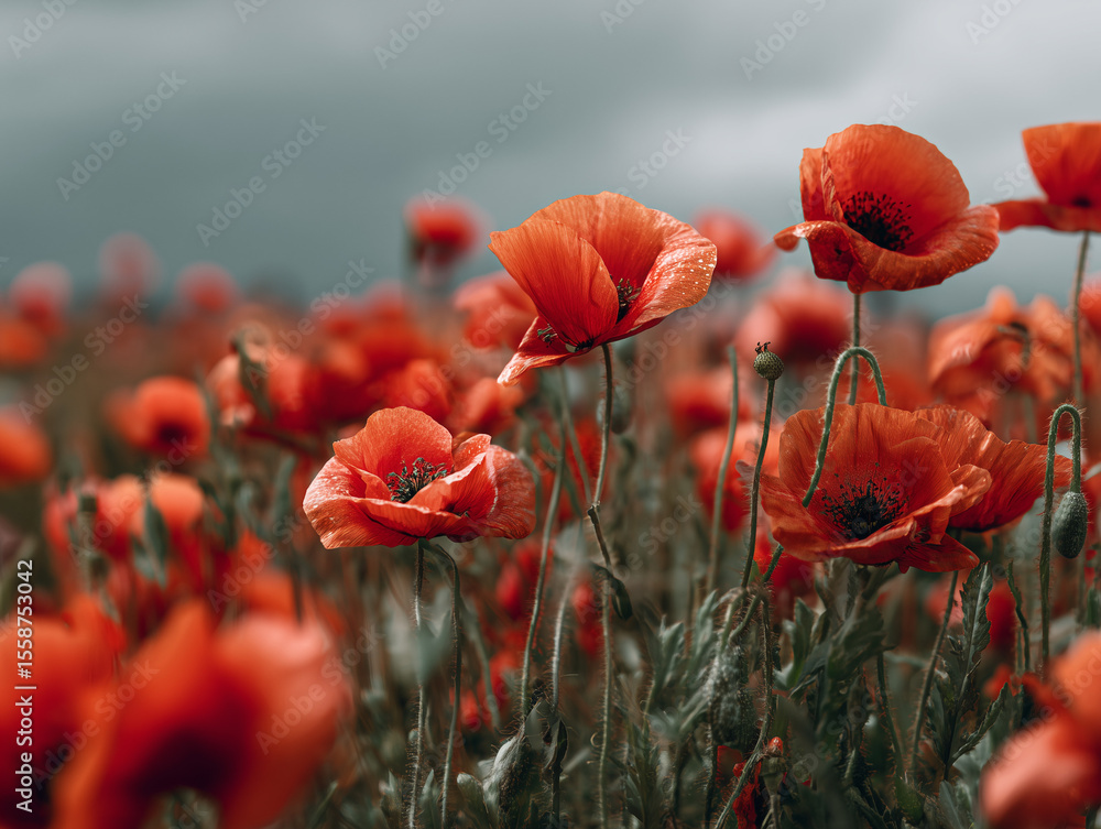 Obraz premium Field of Red Poppies in Full Bloom Under a Cloudy Sky