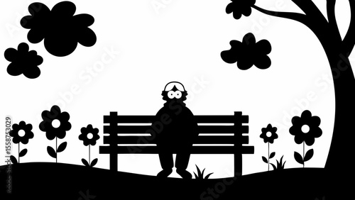 Silhouette of a person sitting on a bench in a park with flowers clouds and a tree in black and white style