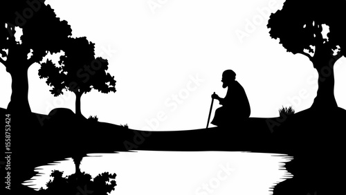 Silhouette of a man with a cane sitting by a lake surrounded by trees in a peaceful landscape scene