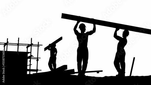 Silhouette of construction workers carrying lumber on a construction site with scaffolding and materials 100c