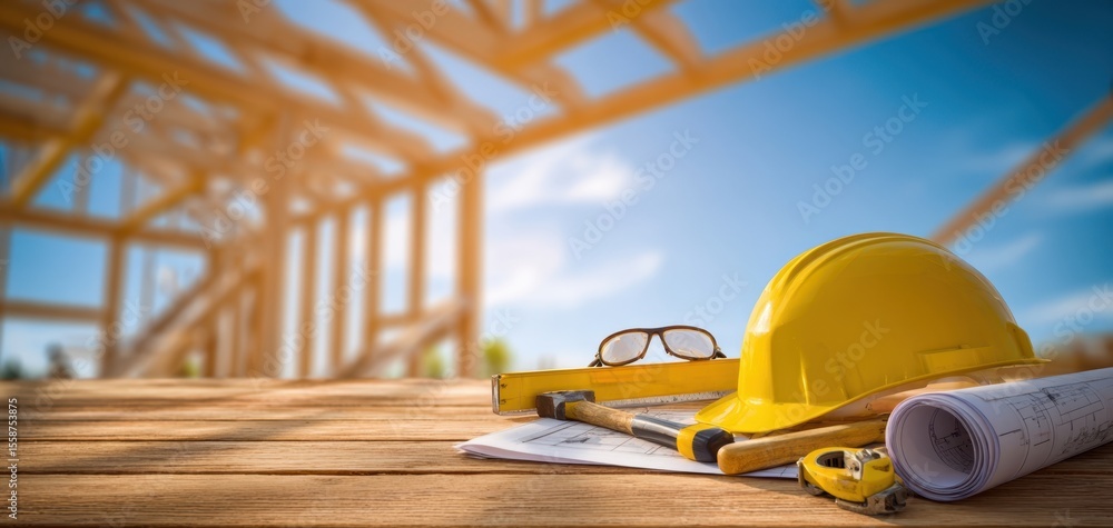 The construction helmet and tools on a wooden surface with blueprints. The construction helmet and tools on a wooden surface with blueprints.
