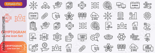 Cryptographic Big icons in line design. Cryptographic, encryption, security, cryptography, code, business isolated on white background vector. Cryptographic editable stroke icons.