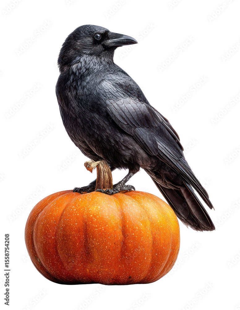 Obraz premium PNG Crow sitting on a pumpkin bird decoration vegetable.