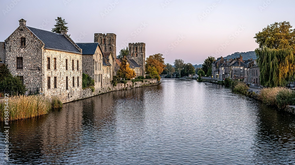 Obraz premium Stone buildings line a calm river at dawn.