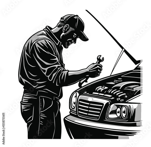 Black Silhouette Vector of Mechanic Fixing Car with Wrench in Garage or Repair Scene on White Background Full HD