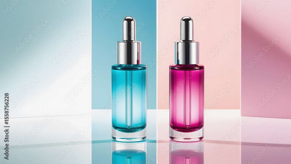 Blue and pink serum bottles with silver droppers liquid Blue and pink serum bottles with silver droppers liquid