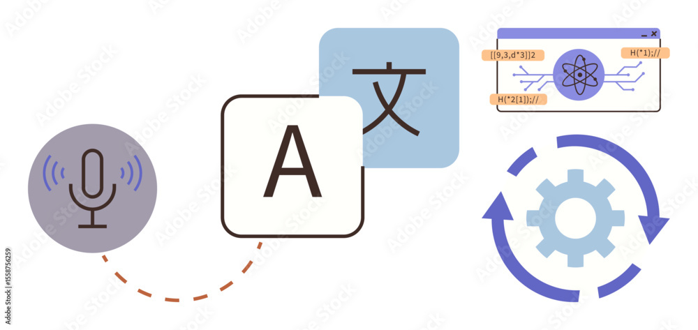 Fototapeta premium Microphone receiving voice input, multilingual text blocks, AI system, and automation gear with arrows. Ideal for translation, linguistics, AI technology, automation, education machine learning