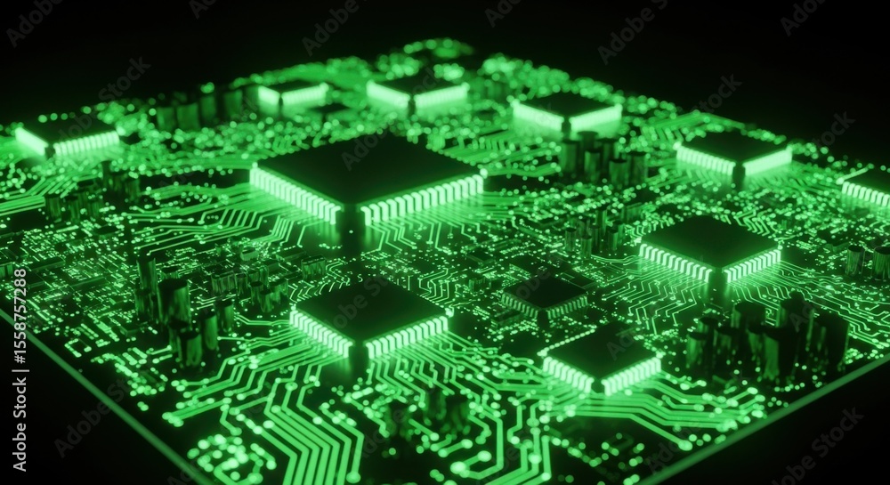 Obraz premium Futuristic Green Circuit Board with Glowing Microchips and Complex Connections Technology Abstract