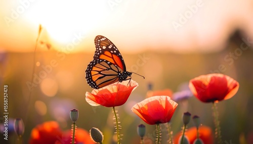 Fototapeta Naklejka Na Ścianę i Meble -  Butterfly on poppy flowers at sunset