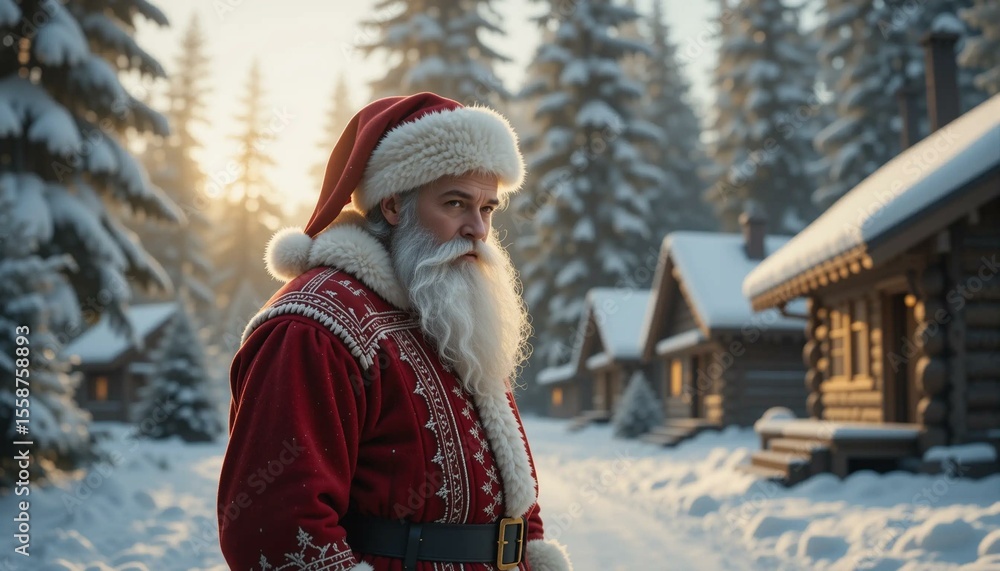Fototapeta premium Santa Claus in Traditional Attire Walking Through Snowy Ukrainian Village