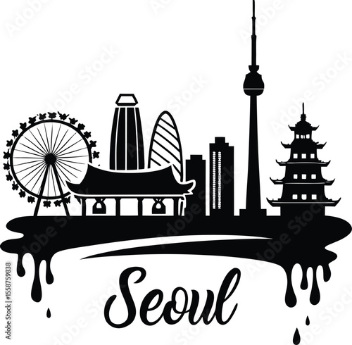 Seoul City Skyline Silhouette with Drips and Modern Calligraphy