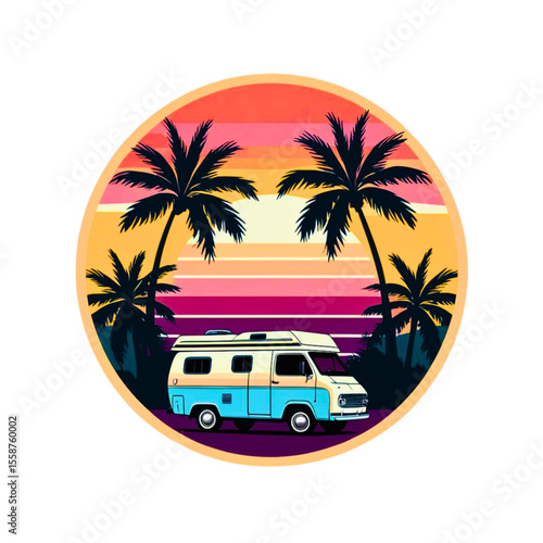 Retro camper van parked under palm trees during a vibrant sunset on a tropical beach