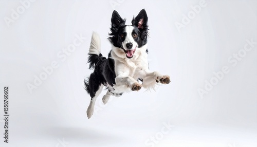 Border Collie with intense focus jumping high to catch a green frisbee paws outstretched white backdrop frozen motion