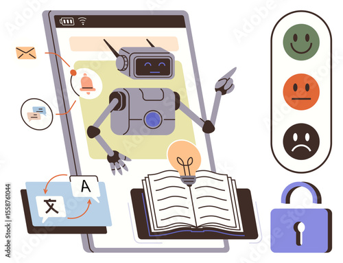 Robot assistant interacting with notifications, translating text, open book, light bulb. Ideal for AI, automation, education, language tools, security productivity simple flat metaphor