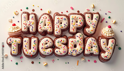 Happy Tuesday Text with Cupcakes and Sprinkles