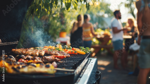 A community cookout with people grilling food, sharing recipes, and enjoying each other’s company in a relaxed, social environment. —ar 16:9 