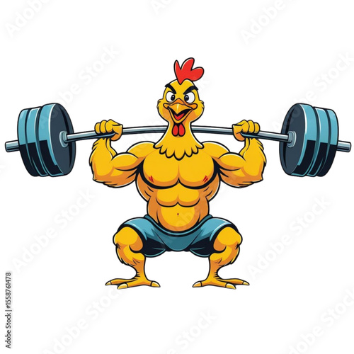 Muscular cartoon chicken lifting a heavy barbell in a squat position with a black background