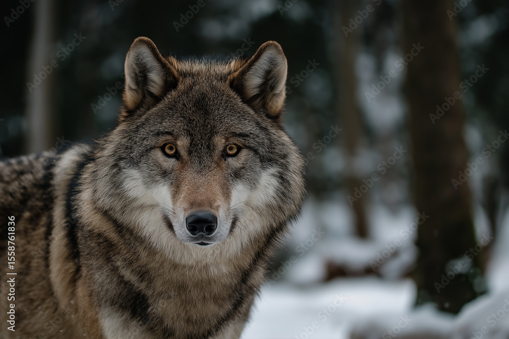 Fototapeta premium A photograph of an adult wolf in the forest