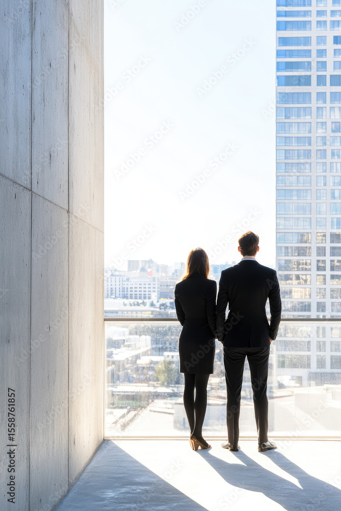 Two people in formal attire stand facing a large window overlooking a cityscape. Business, urban, professional Two people in formal attire stand facing a large window overlooking a cityscape. Business, urban, professional