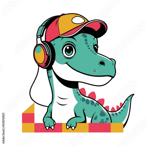 Cute cartoon dinosaur wearing headphones and a baseball cap listening to music