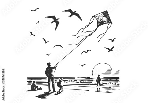 Flying Kite hand drawn sketch vector illustration