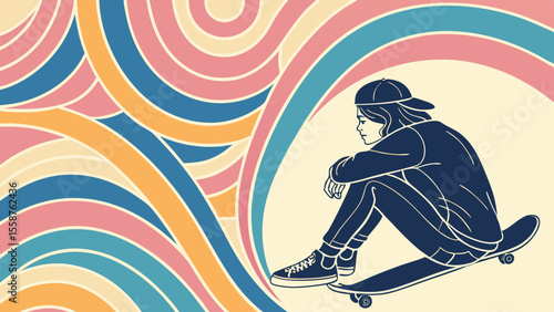“Abstract Vector Illustration of Boy Sitting on Skateboard Indoors”

