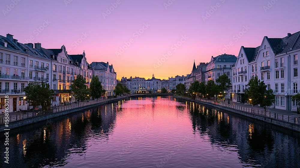 Obraz premium A tranquil canal scene at dusk with buildings lining the water's edge.