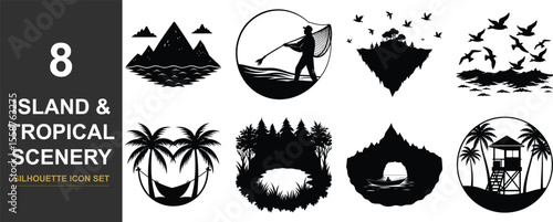 Collection of eight distinct island and tropical scenery icons in a minimalist black silhouette style