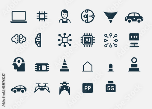 Modern Technology Icon Set in Minimalist Blue Style with Labeled Grid Layout on White Background, Vector Illustration