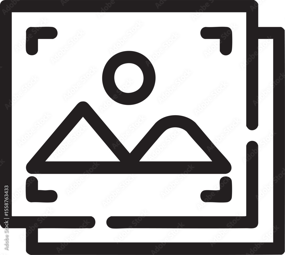 Illustrative Image Icon Depicting Landscape Photography with Mountain Silhouette and Sun Circle, Framed by Corner Brackets and Stacked Picture Frames in Outline Style Illustrative Image Icon Depicting Landscape Photography with Mountain Silhouette and Sun Circle, Framed by Corner Brackets and Stacked Picture Frames in Outline Style