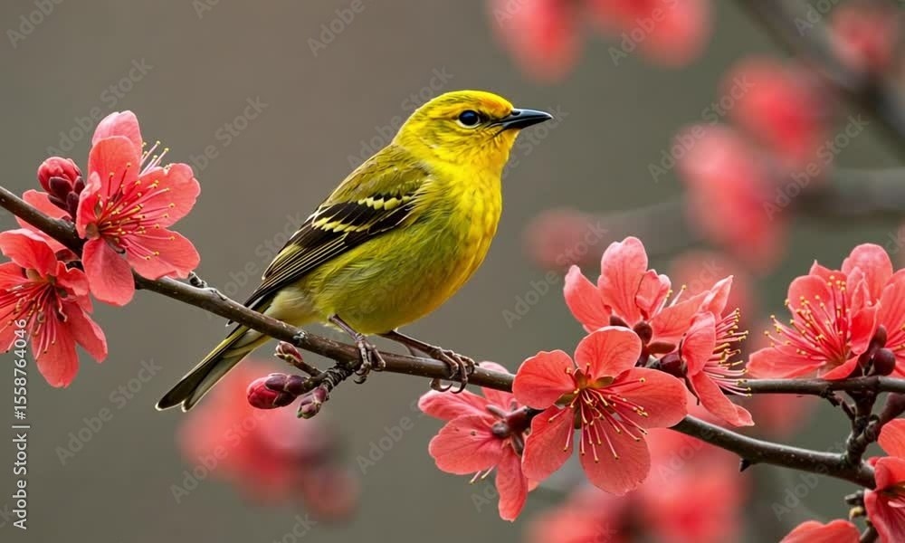 A vibrant yellow bird perched amidst blossoming peach blossoms A vibrant yellow bird perched amidst blossoming peach blossoms