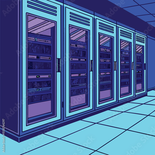 Server Room Illustration with Rows of Racks Containing Computer Servers and Blue and Purple Color Palette Design