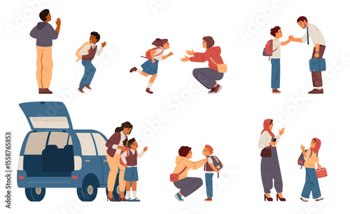Parents and primary school children flat vector illustrations set isolated on white. Parents escorting children in uniform to school and meeting from school.