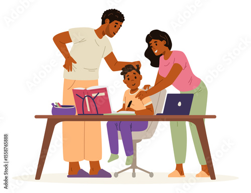 Happy African American family complimenting the primary school child for education success flat vector illustration isolated on white.