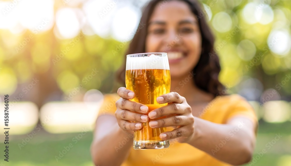 Smiling woman offering a beer in the park with outdoors, lifestyle, and happiness. Smiling woman offering a beer in the park with outdoors, lifestyle, and happiness.