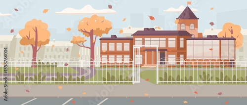 Autumn school yard with school building oe education center, parking space and fence with no people flat vector illustration.