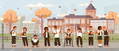 Multiracial group of primary school students in uniform with backpacks standing before school yard entrance. Back to school flat vector banner.