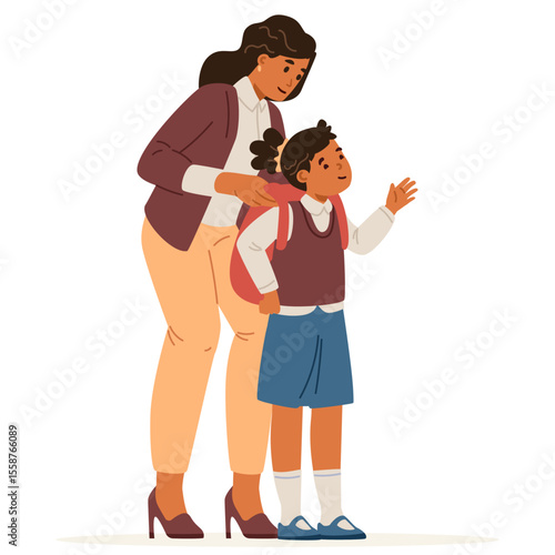 Asian mother helps to her primary school girl to put on backpack flat vector illustration isolated on white. 