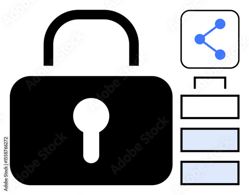 Black lock symbolizing security, interconnected network icon, and hierarchical flowchart. Ideal for cybersecurity, privacy, data protection, cloud storage, digital communication, IT architecture