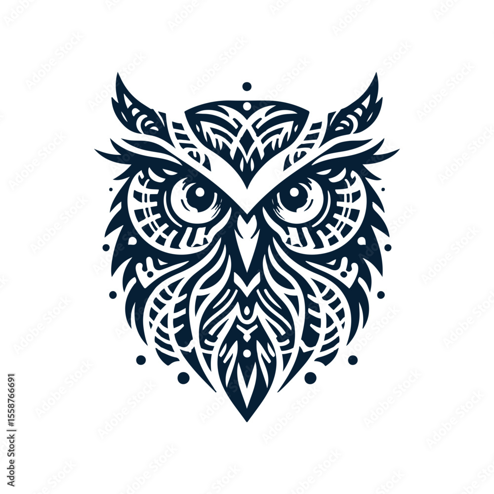 Modern owl face tribal tattoo in dark blue, flat color, white background Modern owl face tribal tattoo in dark blue, flat color, white background