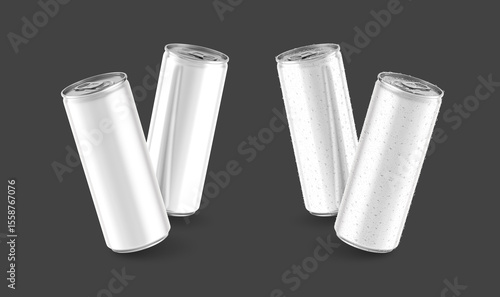 Photography Two slim cans in silver isolated on black background, canned with water drops, c