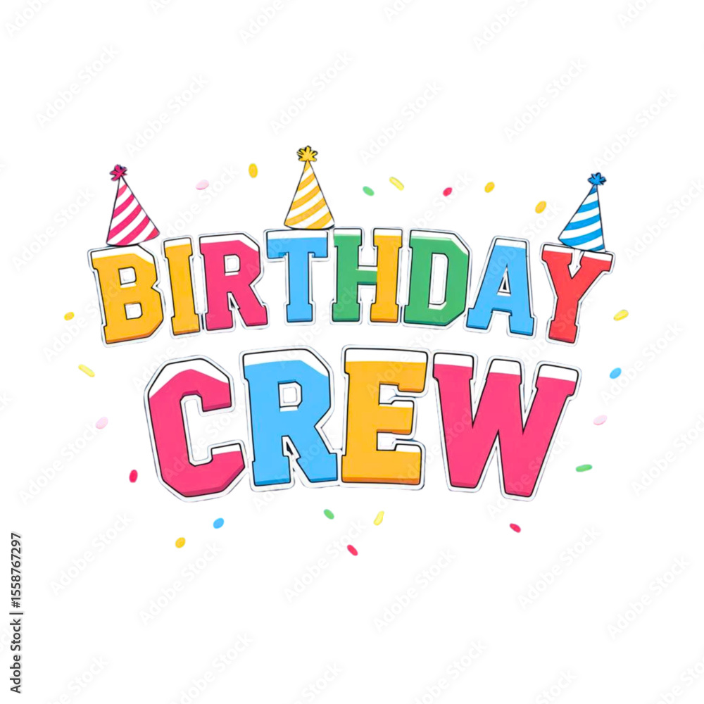 Fototapeta premium Happy birthday crew text with colorful party hats and confetti on black background