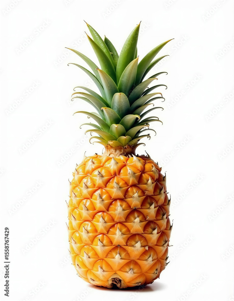 Fototapeta premium Whole Fresh Pineapple with Green Crown on White Background