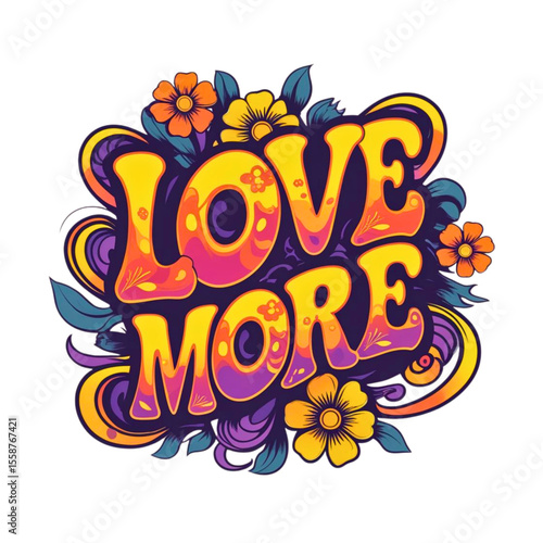 Psychedelic love more text with flowers and leaves in vibrant retro colors
